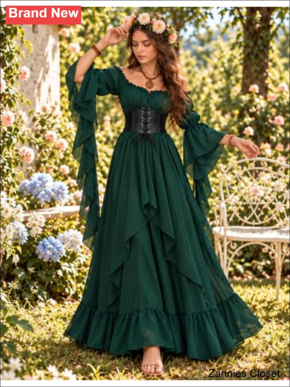 👻 Women Renaissance Witch Dress Puff Sleeve Halloween Costume - Picture 2 of 6